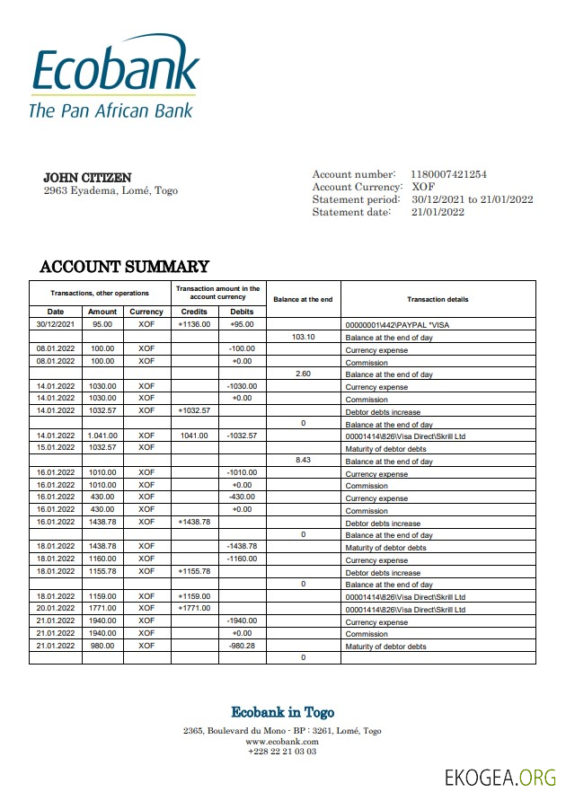 Relevé bancaire Ecobank du Togo